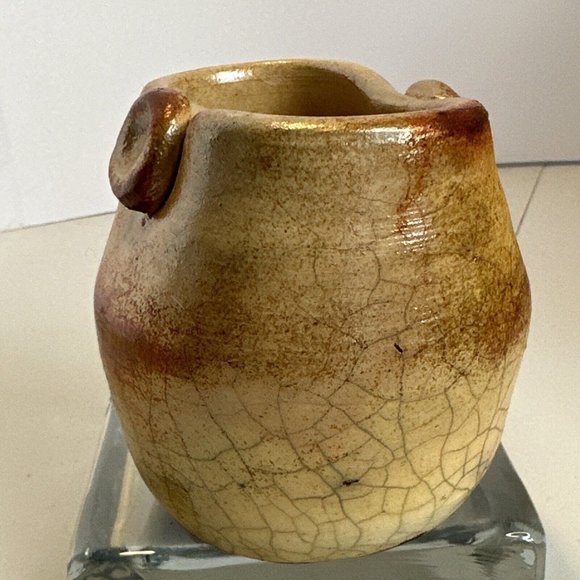 Raku Stoneware Pottery Pot Vase Signed Teri ? Orange/Copper Lava Type Glaze 3.7” - Picture 4 of 15